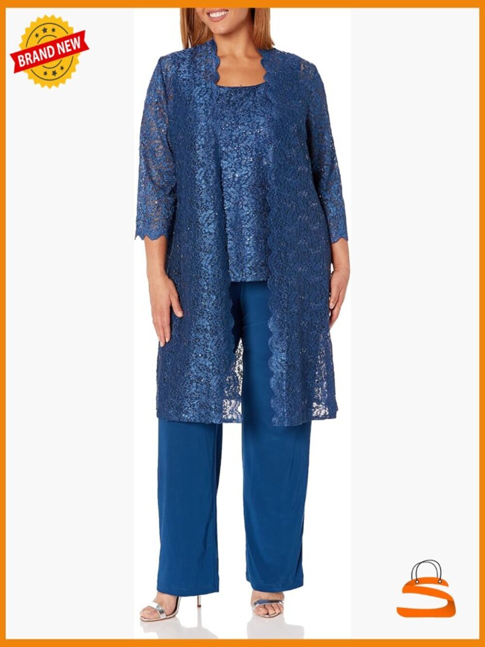 3-Piece Scallop Glitter Lace Duster Pant Set